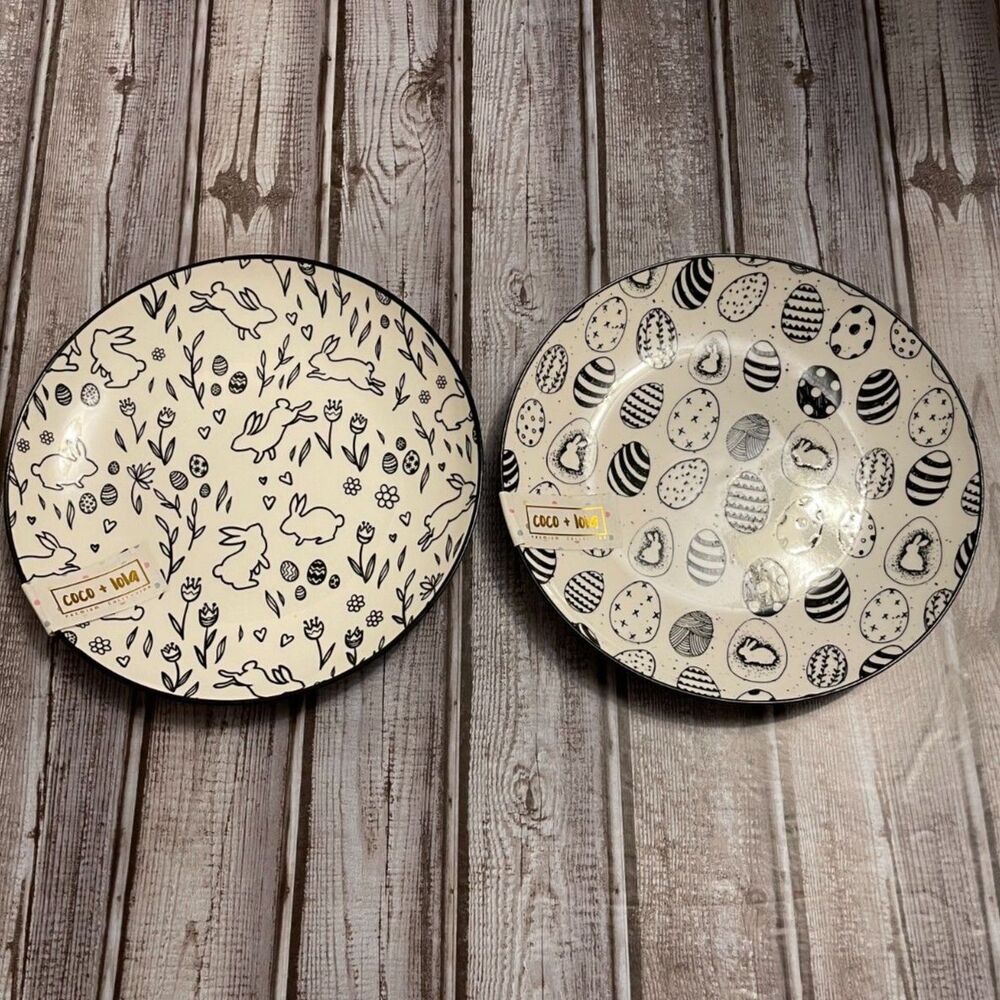 Coco & Lola Black White Easter Bunny Egg 8 inch Salad Dessert Lunch Dishes NWT